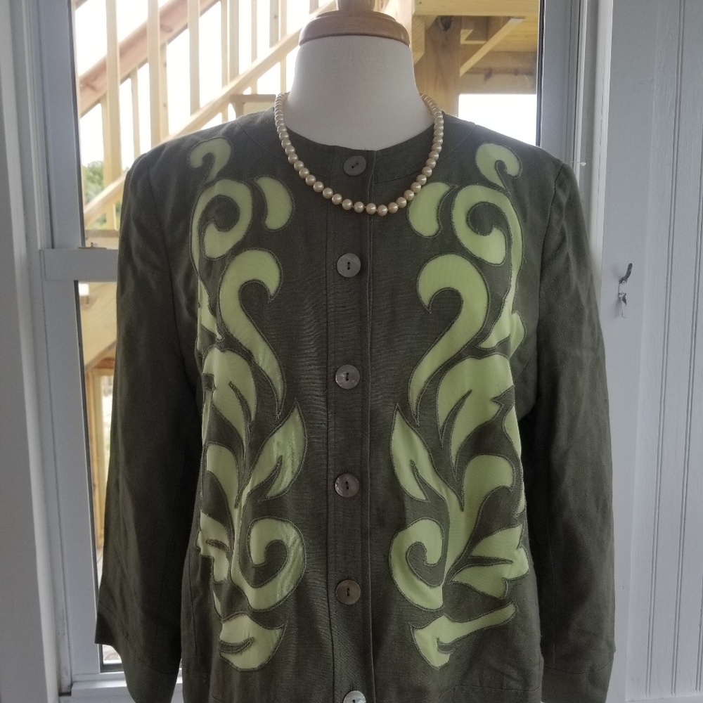Green Linen Blend Jacket and Skirt